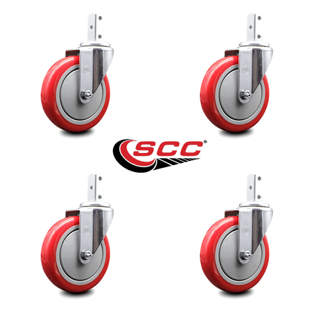 Service Caster 5 Inch Red Polyurethane Wheel Swivel 7/8 Inch Square Stem Caster Set SCC SCC-SQ20S514-PPUB-RED-78-4